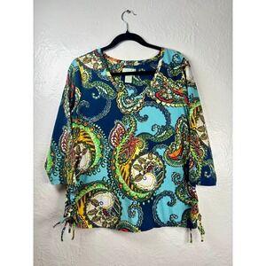 Caribbean Joe Paisley Top 1X Blue Green Ruched Coastal Eclectic Psychedelic